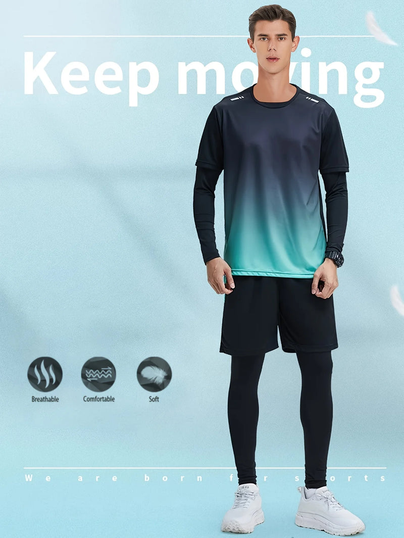 Men's Sports 4pcs Set, High Stretch Gradient Color T-shirt Active Shorts Leggings.
