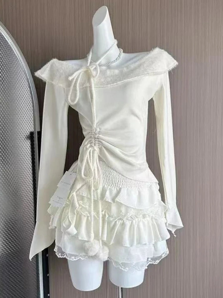 Korean Sexy Fashion Elegant 2 Piece Set Women Bow Lace Tops+Slim Fit Chic Dress.
