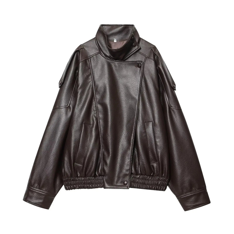 TFMLN Chic Black Faux Leather Jackets Women Long Sleeve Buttons Elastic.