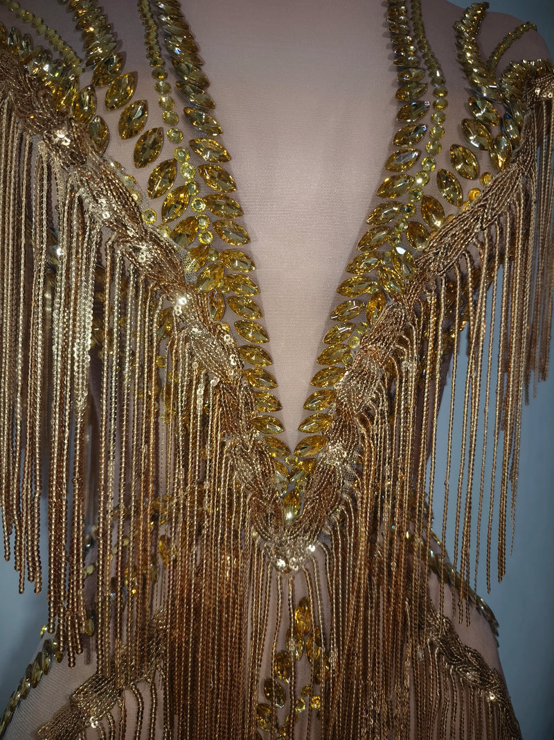 Women Sexy Mesh Sparkly Rhinestone Tassels Stretch Long Dress.