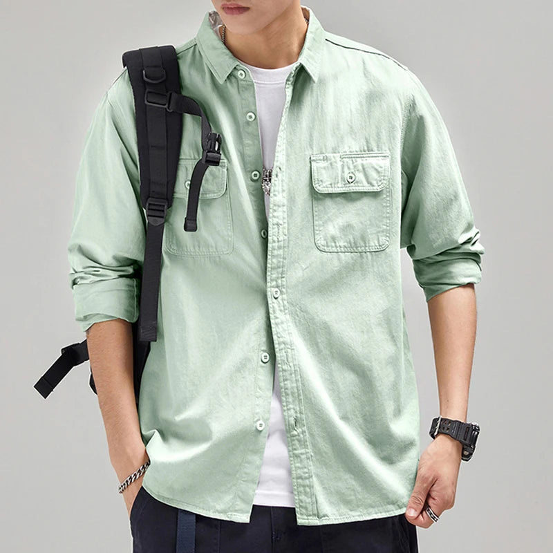 Mens Vintage Shirt Male Lone Sleeve Cargo Shirts Cotton Casual Solid Shirt.