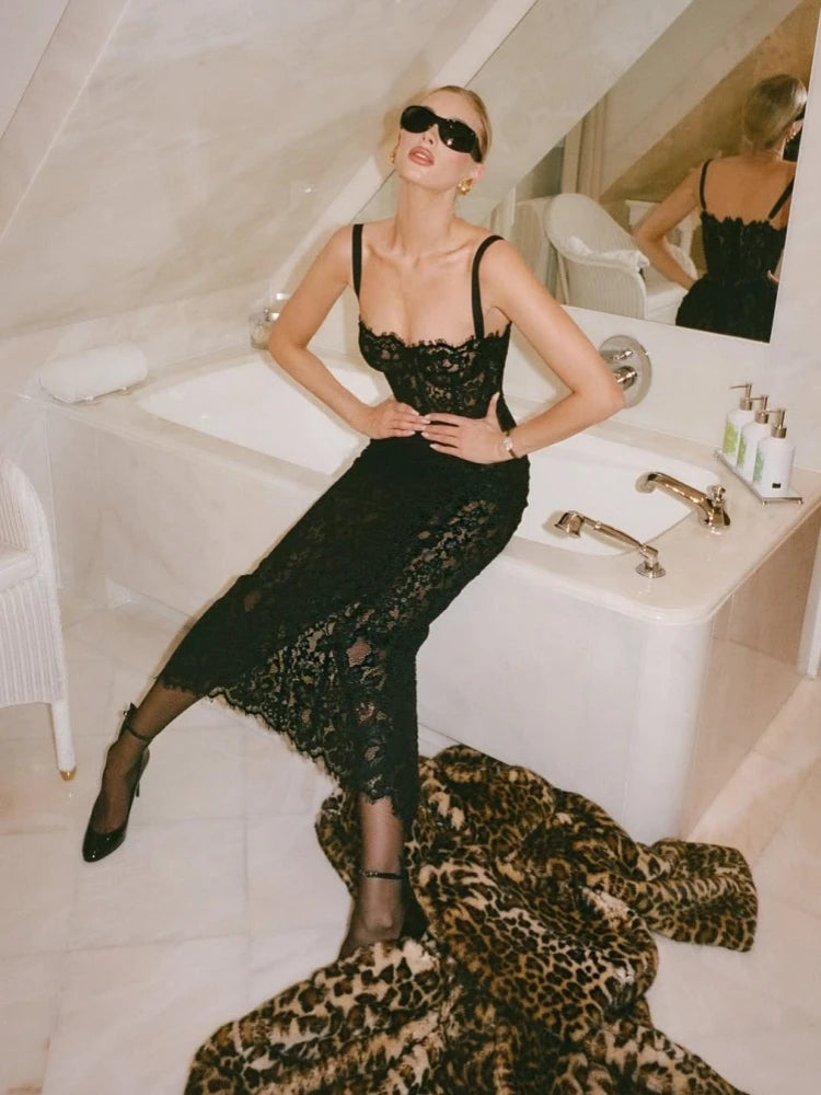 Sexy Spaghetti Strap V Neck Lace Long Dress Women.