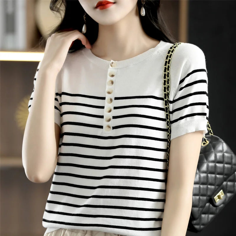 cotton T-shirt women's knitted striped short sleeved casual round neck.