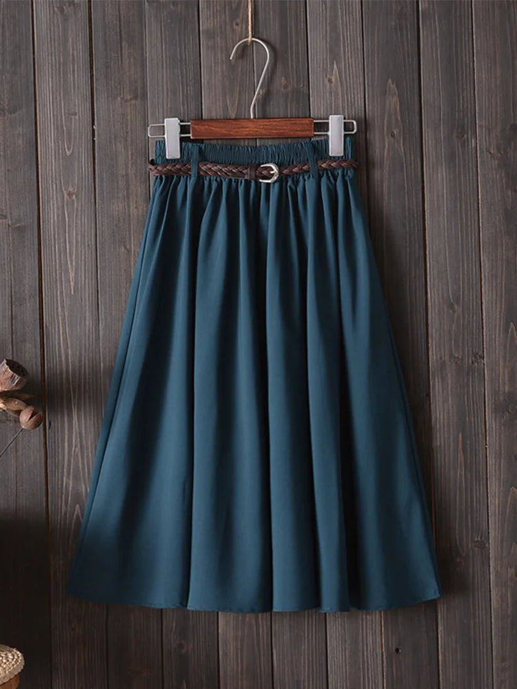 Midi Knee Length Summer Skirt Women With Belt Fashion Korean Ladies.