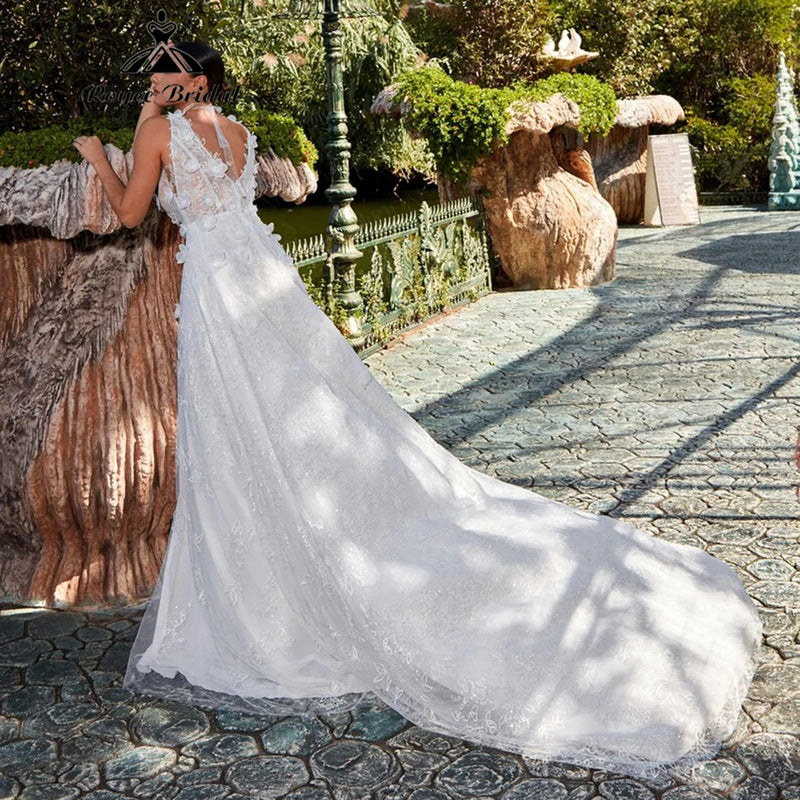 Women’s Boho 3D Floral Applique Tulle Wedding Dress.