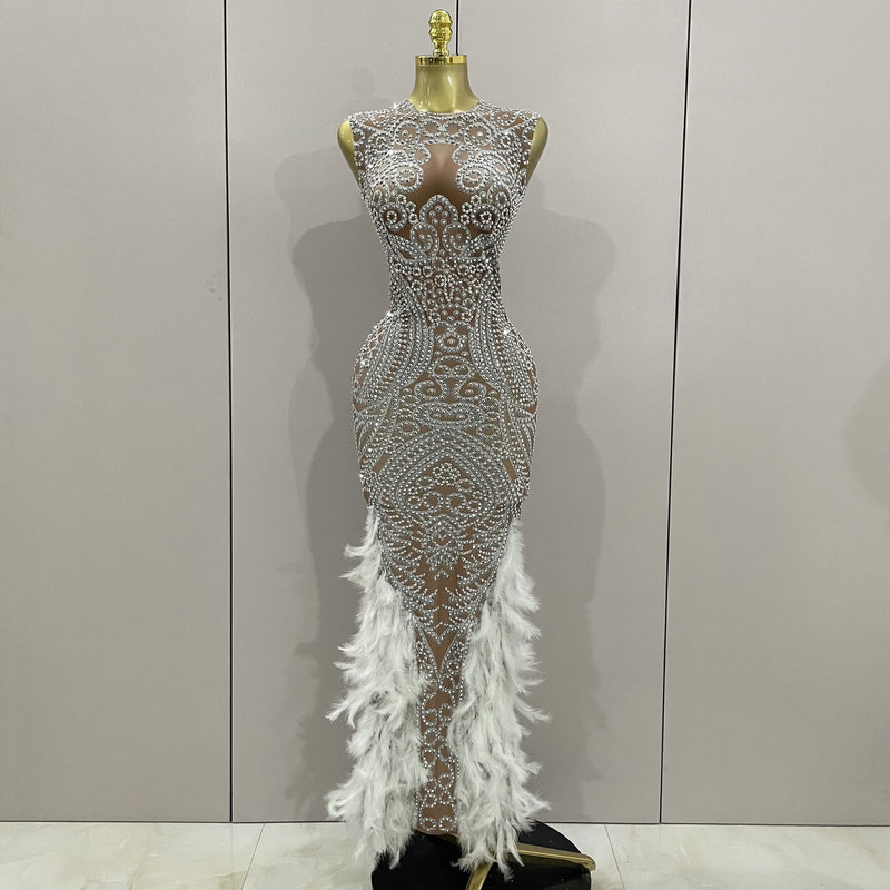 Women Sparkly Rhinestone Feathers Sleeveless O Neck Bodycon Long Dress.