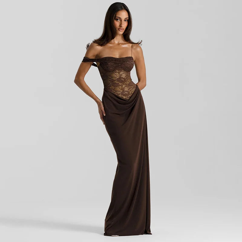 Women’s Mozision One Shoulder Lace See Through Sexy Maxi Dress.