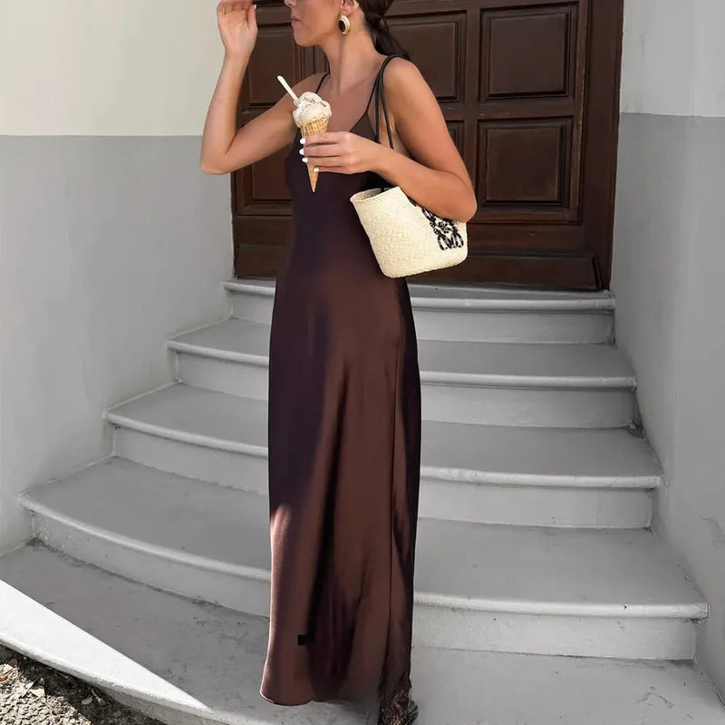 Sexy Chic Satin Women Party Dress V Neck Backless Long Eevning Club Dress.