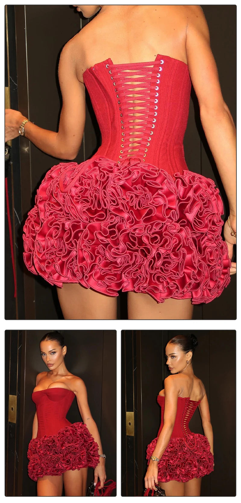 VC Christmas Dress Strapless Backless Red Structured Floral Embellished Mini Length.