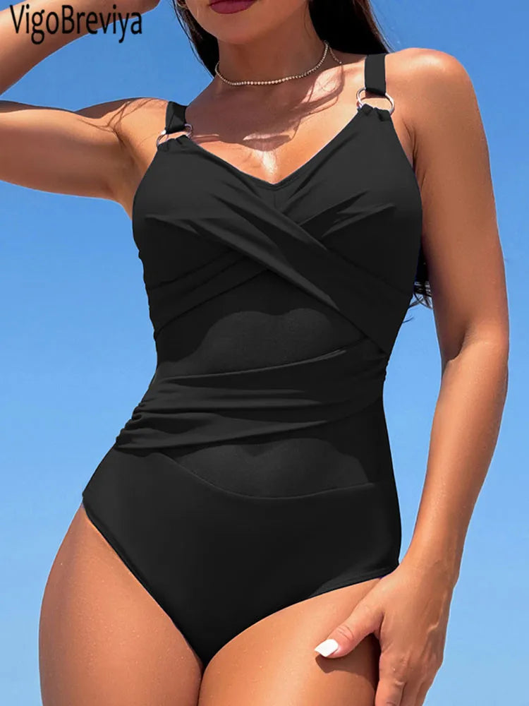 VigoBeviya Mesh Patchwork Swimwear Women Solid Strapped One Piece.