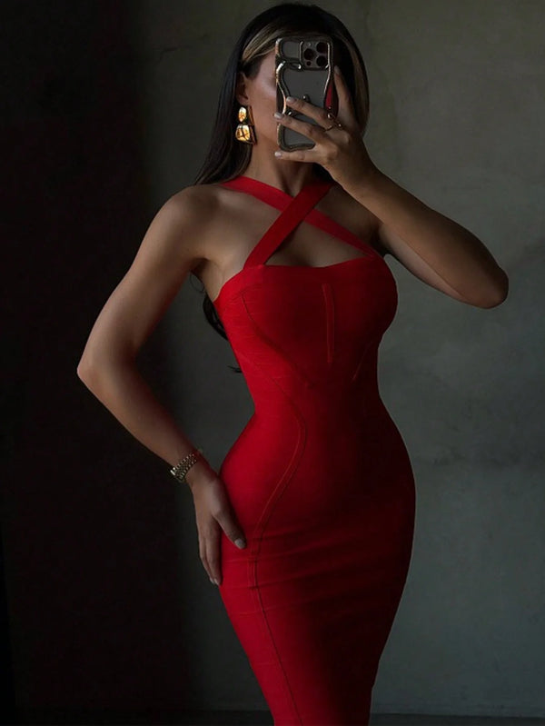 Sexy Halter Red Ribbed Midi Bodycon Dress For Women.
