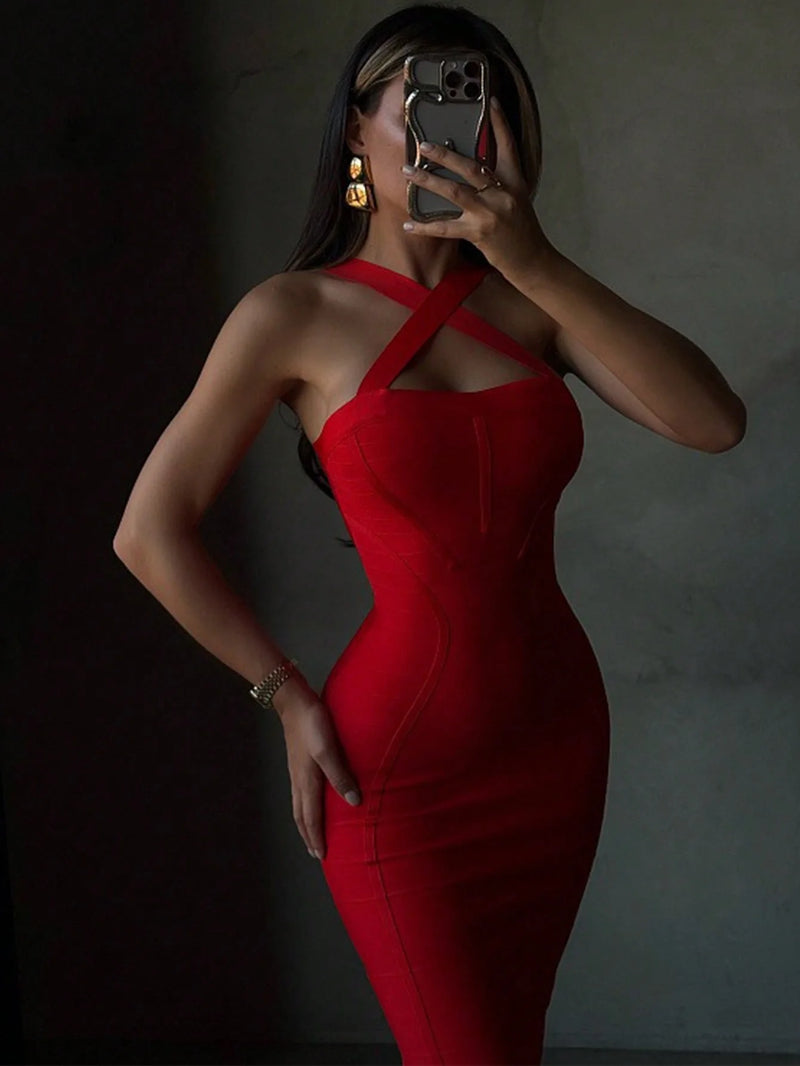 Sexy Halter Red Ribbed Midi Bodycon Dress For Women.