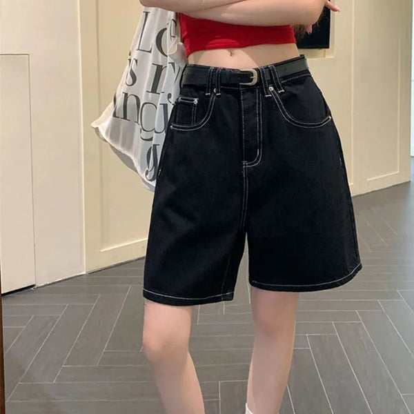 Black Shorts Jeans Women Summer Baggy Y2K Fashion Straight.