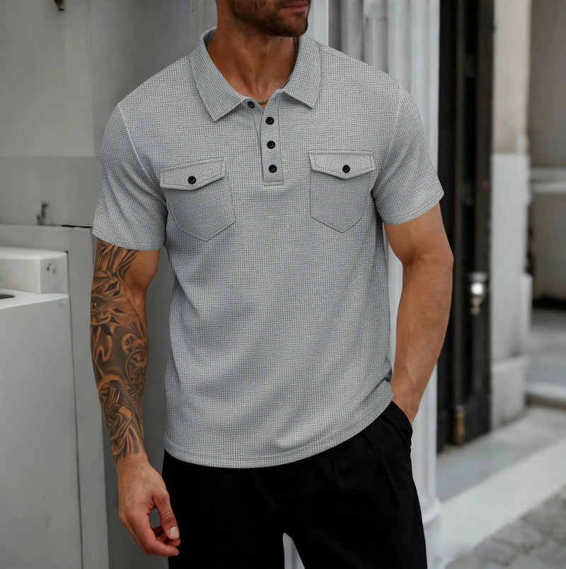Men’s  button-down solid-color short-sleeved POLO shirt casual T-shirt.