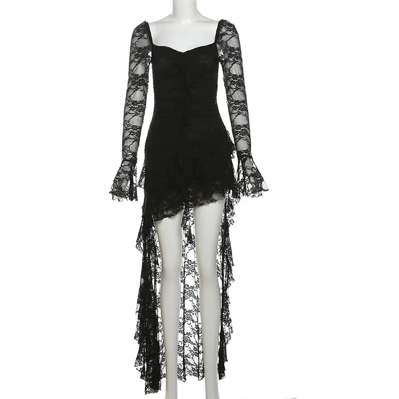 Women’s Goth Dark Fairycore Lace Flare Sleeve Square Neck A-line Dress.