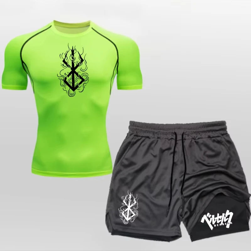 Men's Summer Gym Training Athletic Set - Short-Sleeve Compression Undershirt.