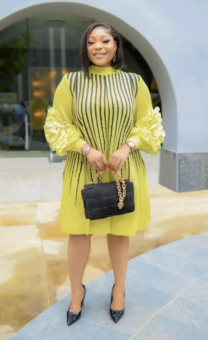 Women’s Pleated Dress Hand Shaken Flower Beaded Fashion.