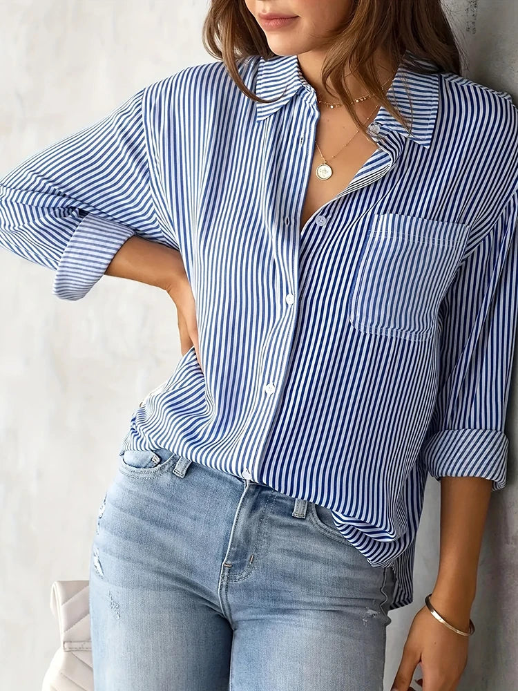 Women Long Sleeve Striped Loose Shirt Office Lady Elegant Turn Down.