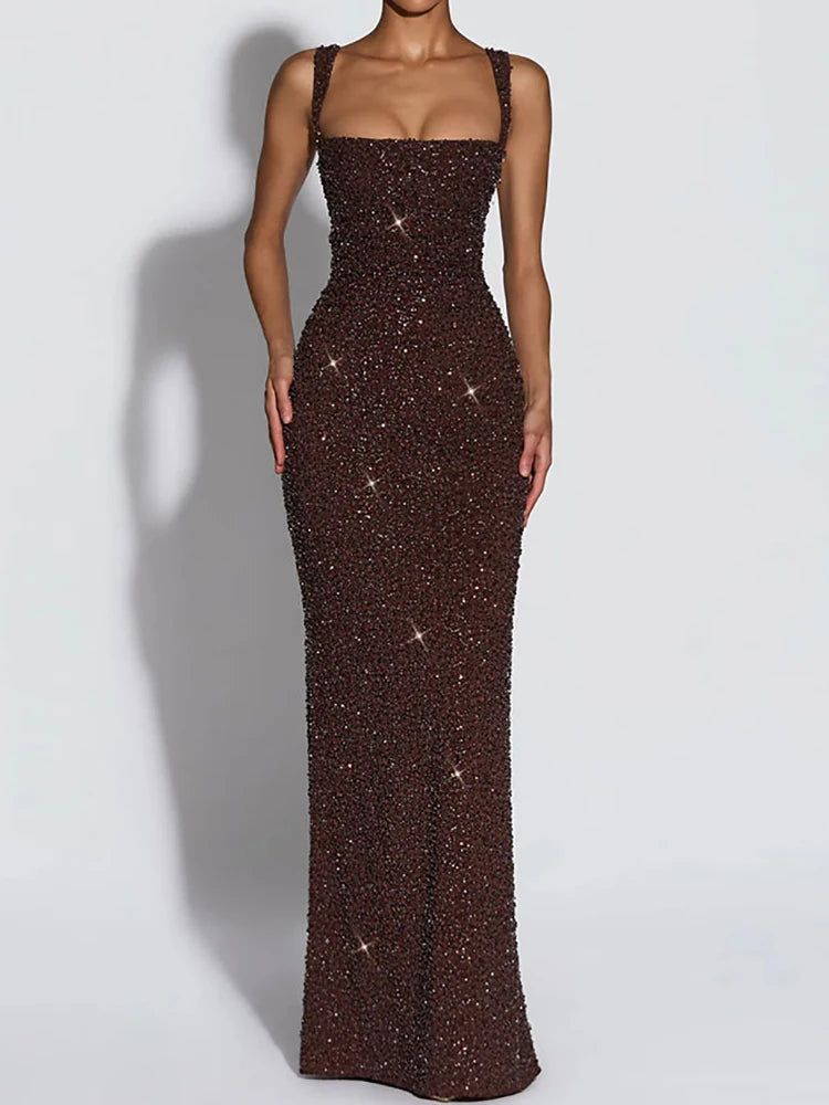 Square Collar Spaghetti Strap Chic Maxi Dress for Women.
