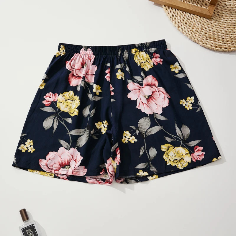 Women's Summer Shorts Floral Checkered Viscose Loose Home Shorts.