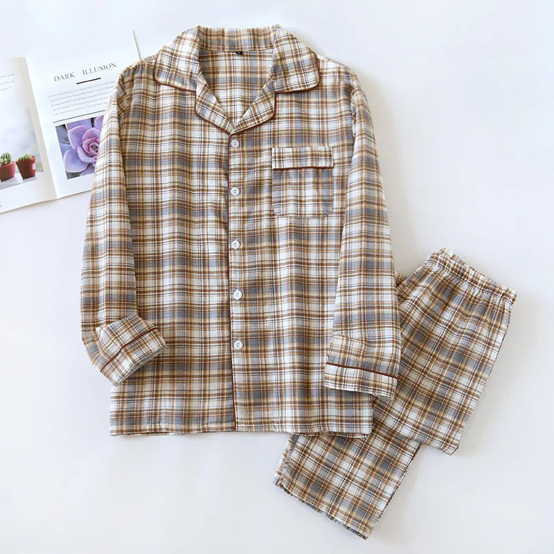 Men's Pajama Set Spring/Summer Checkered Simple Long sleeved Two Piece.