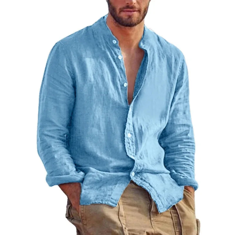 Sweatwear Men's Long Sleeve Shirt Linen Solid Color Shirts Trend Stand Collar.