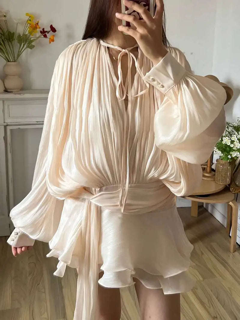 TWOTWINSTYLE Solid Blouse Mini Dresses For Women V Neck Long Sleeve.