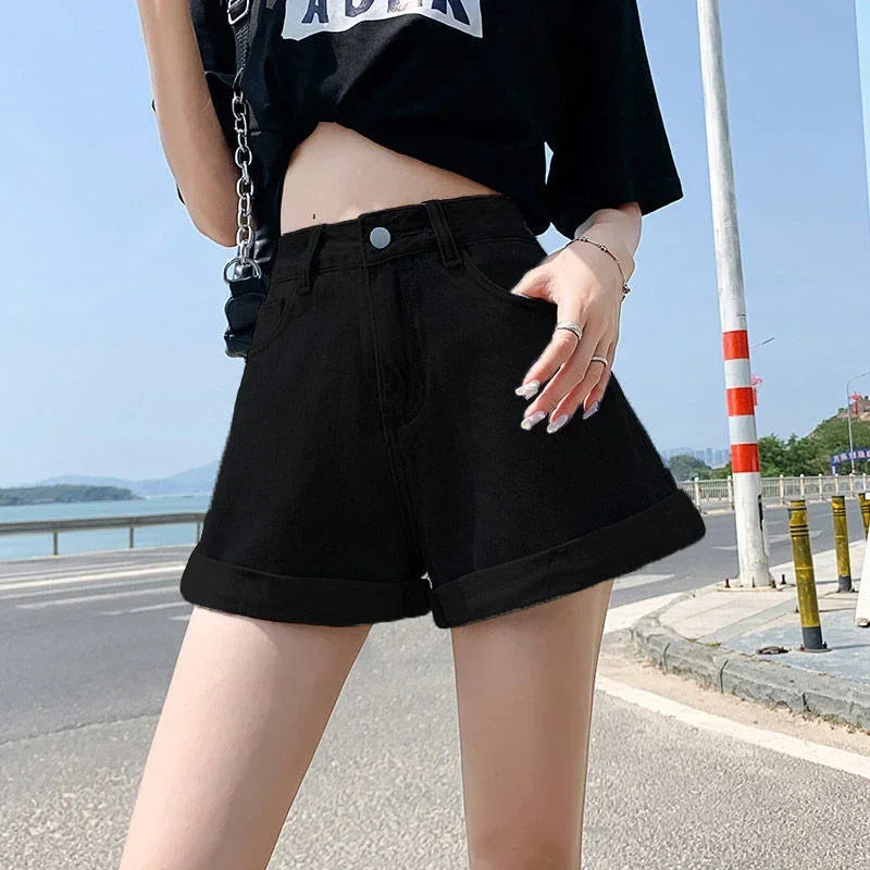 Summer Women Denim Shorts High Waist Blue Cotton Wide-leg Short.