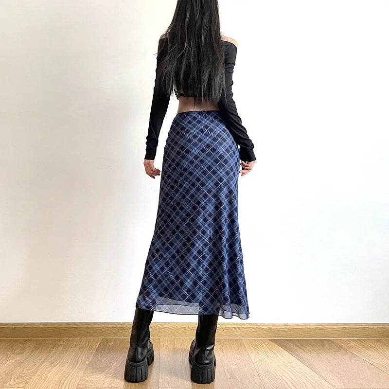 Women Spring Autumn Plaid Print Wrap Hips Skirts Fashion Ankle-Length Sexy.