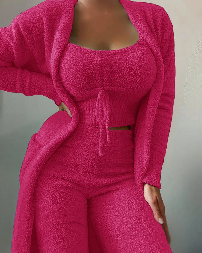 Luxury Women's Plush Pajamas Set Crop Top+Long Pants+Coat 3 Pieces.