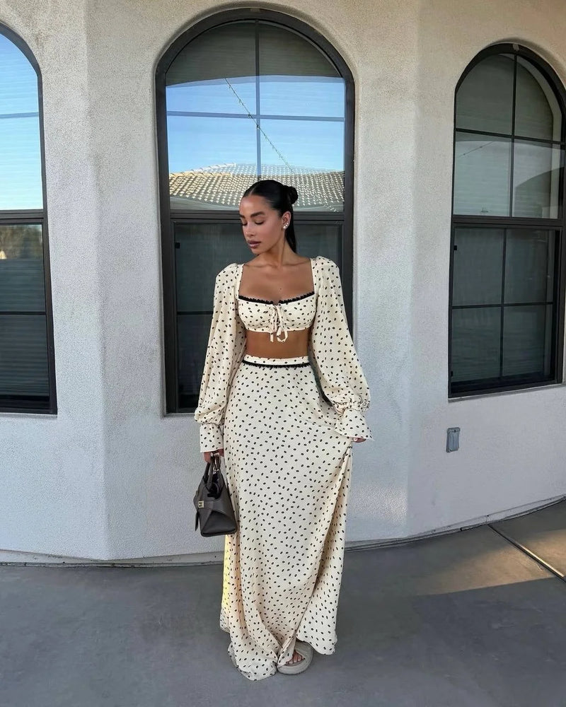 Sexy Polka Dot Tank Top Skirt Women Set Beach Long Lantern Sleeve Tops.