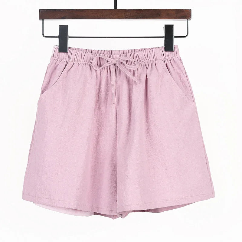 Women Summer Cotton Shorts Casual Solid Pockets Basic Shorts Elastic Waist.