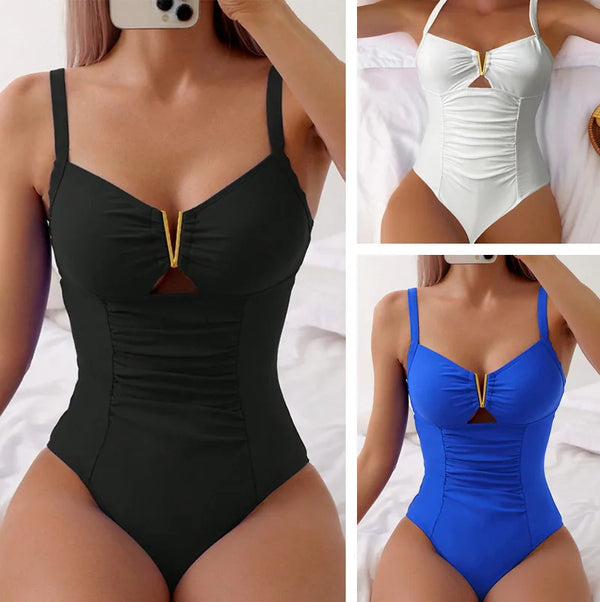 V-neck Shiny Swimwear Women Beach One Piece Swimsuit.