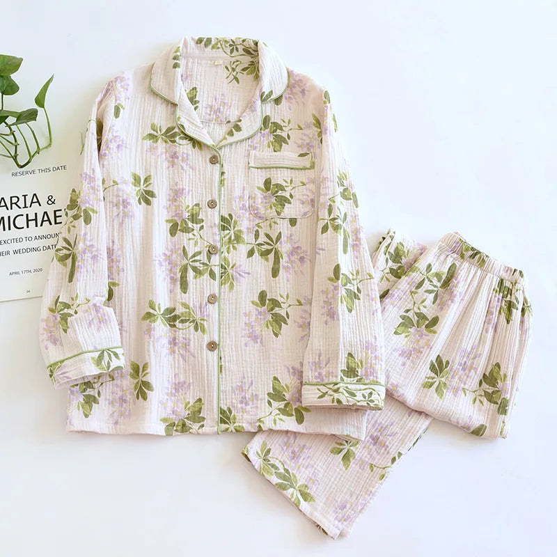 Women's Pajama SetCotton Crepe Cute Love Long Sleeve Long Pants.