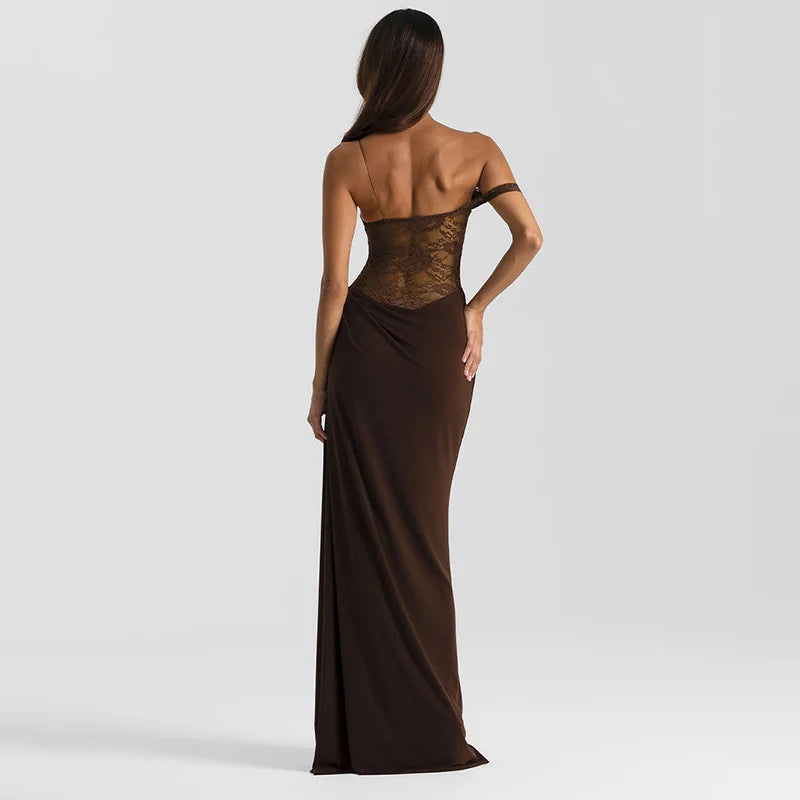 Women’s Mozision One Shoulder Lace See Through Sexy Maxi Dress.