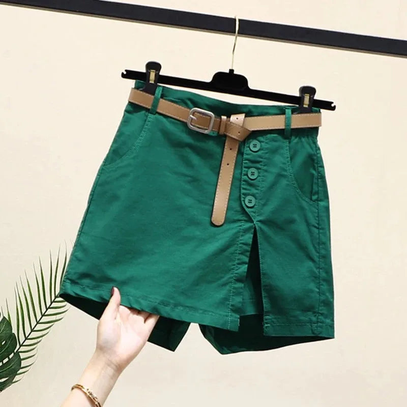 Chic Shorts Women Belt Korean Solid Buttons Side Slit A-line Streetwear.