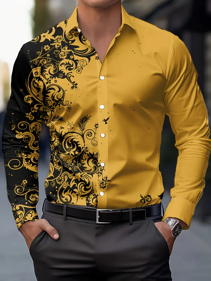 Men's Stylish Red Floral Print Dress Shirt - Casual Long Sleeve Button-Up.