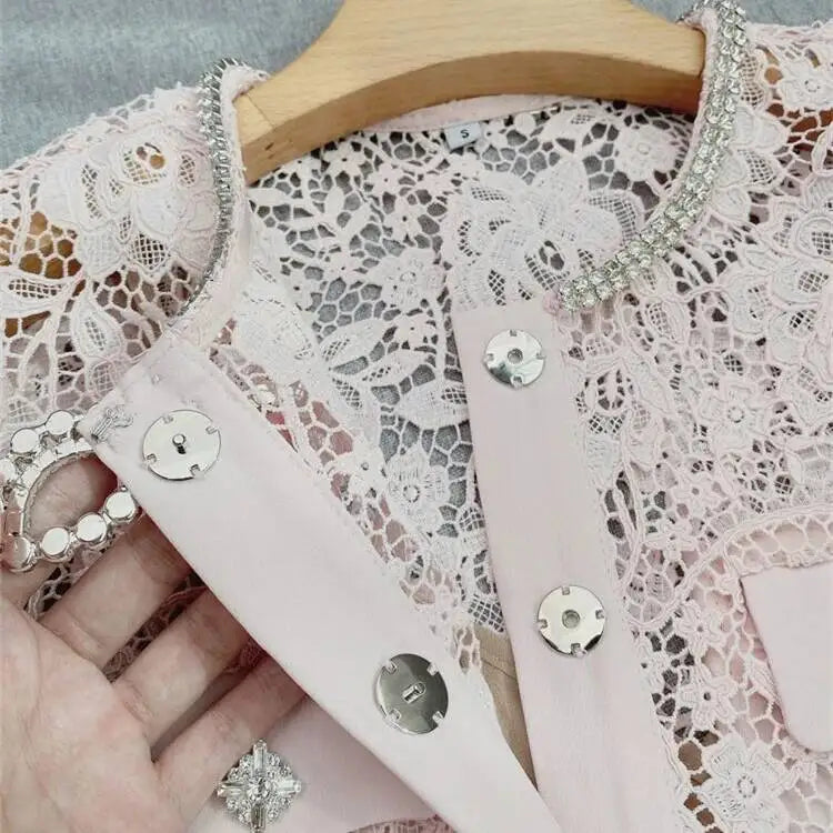 Women’s Lace Midi Dress Diamonds Bow Pink Floral Crystal Short Sleeve.