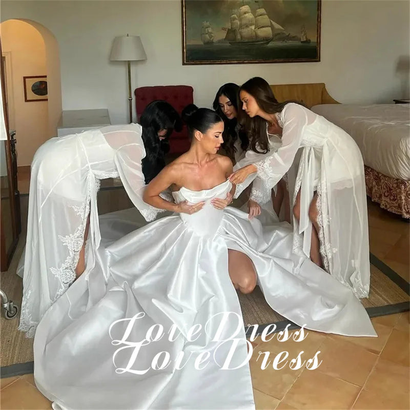 Women’s Customized Simple Stain Strapless Pleats A-Line High Side Slit Wedding Dress.