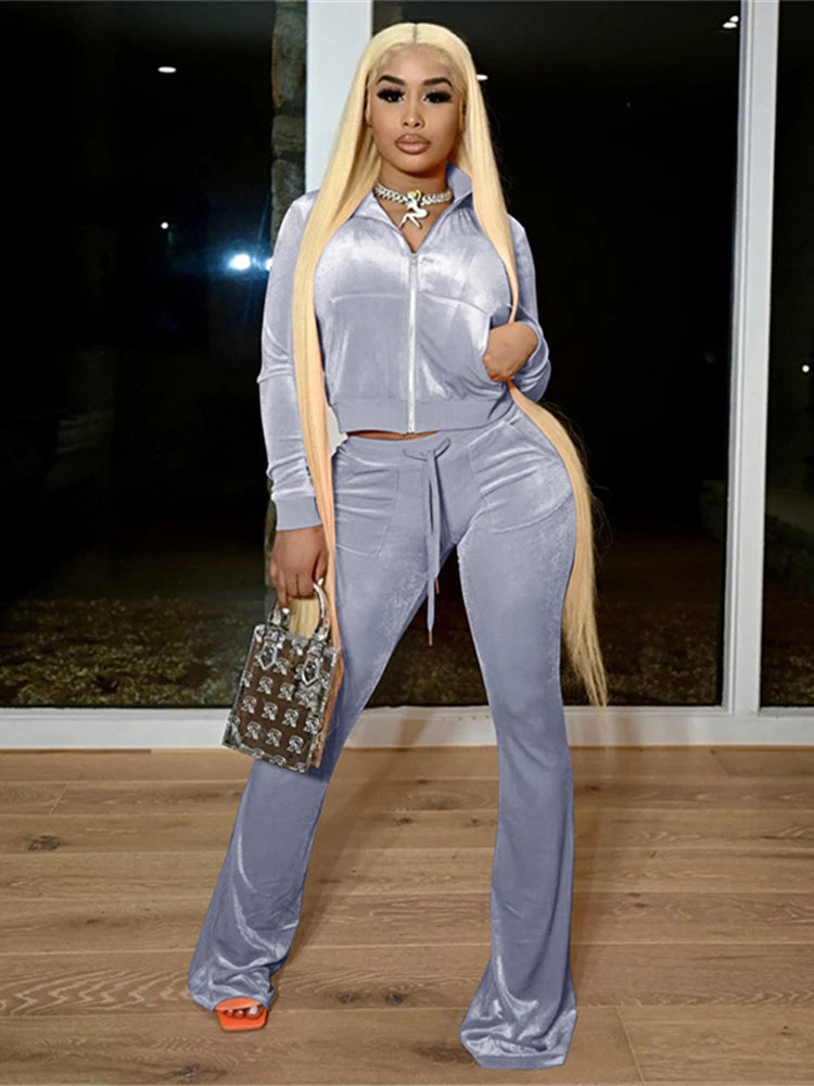 Kliou Solid Velour Two Piece Set Women Simple Casual Zipper Long Sleeve.