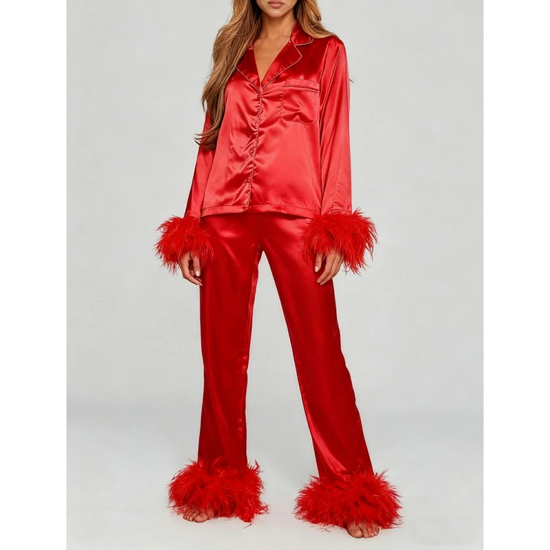 Combhasaki Women's Silk Satin Pajamas Set Feather Trim Cuff 2 Piece.