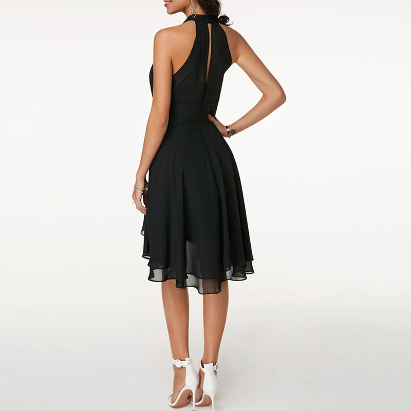 Women’s Elegant Dress Summer Solid High Waist Halter Sleeveless Midi Dresses.