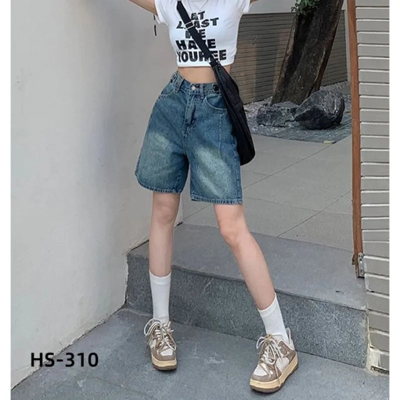 Women's Denim Shorts American Retro High-Waisted Jean Shorts.