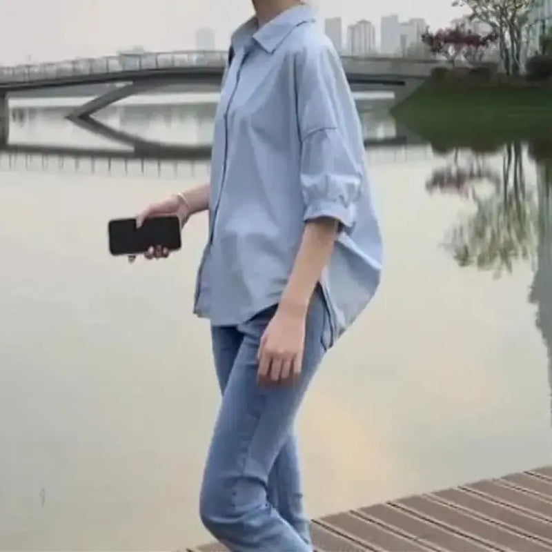 Summer Shirt Women Blouses Mid-sleeve Loose Y2k Chic Clothes.