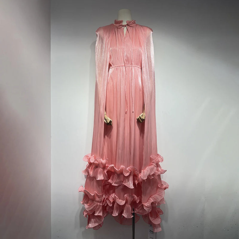 VGH Solid Spliced Ruffles Cape Long Dresses for Women.