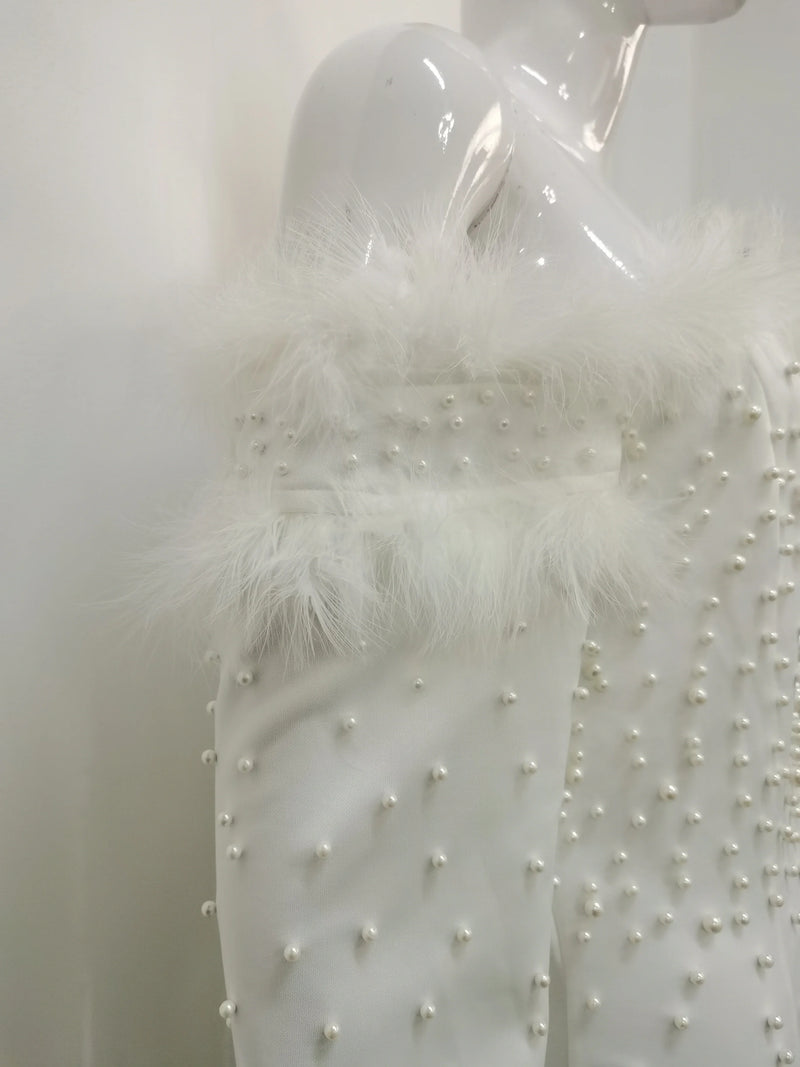 Feather White Dress Party Women Pearls Long Night Dresses.