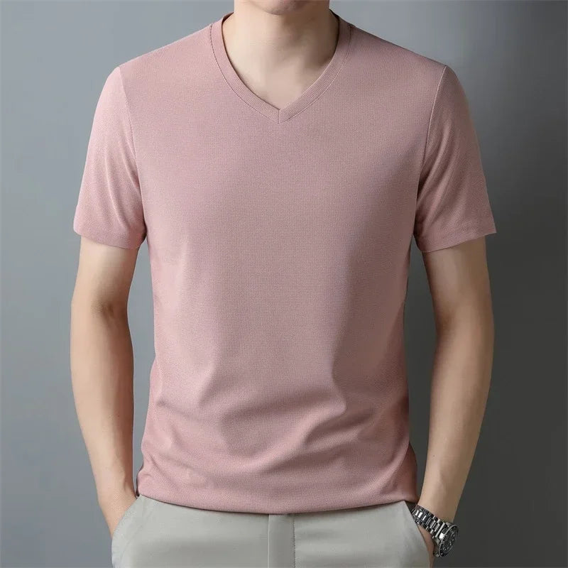 Men's New Waffle V Neck Short Sleeved T-shirt Summer Comfortable Top.
