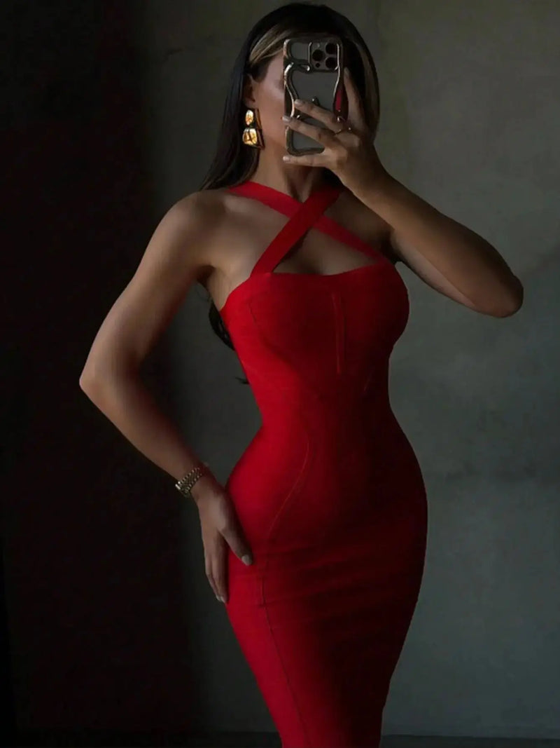 Sexy Halter Red Ribbed Midi Bodycon Dress For Women.