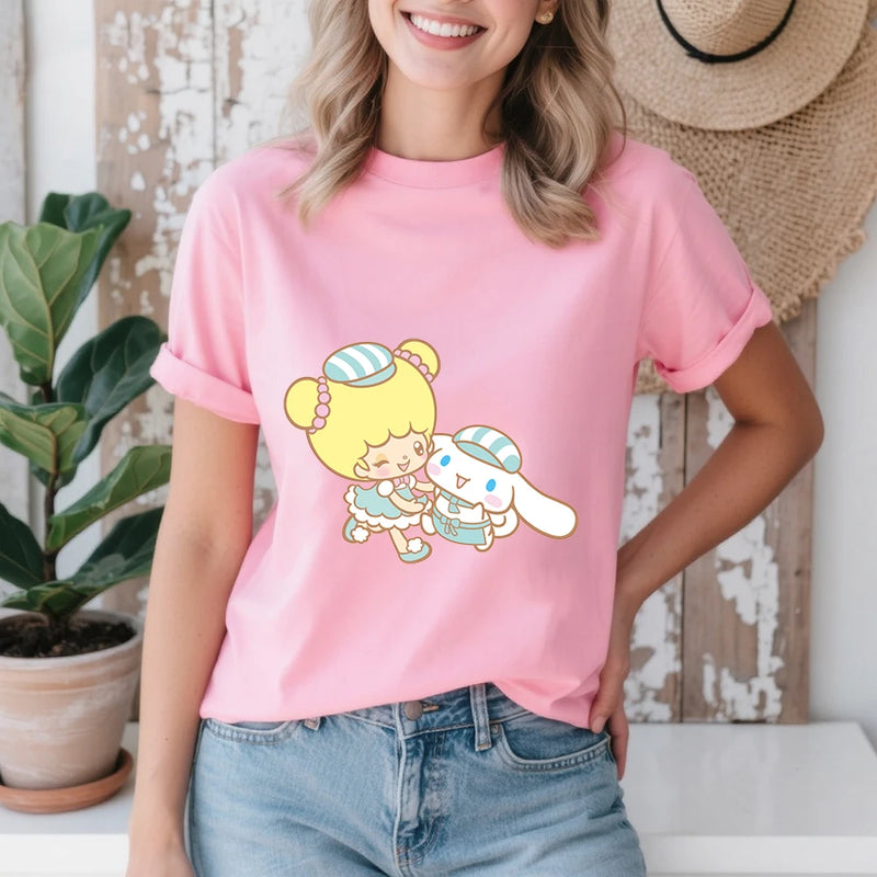 Cinnamoroll and Fufu Sweet Shop Buddies Print Cotton T Shirt for Women.