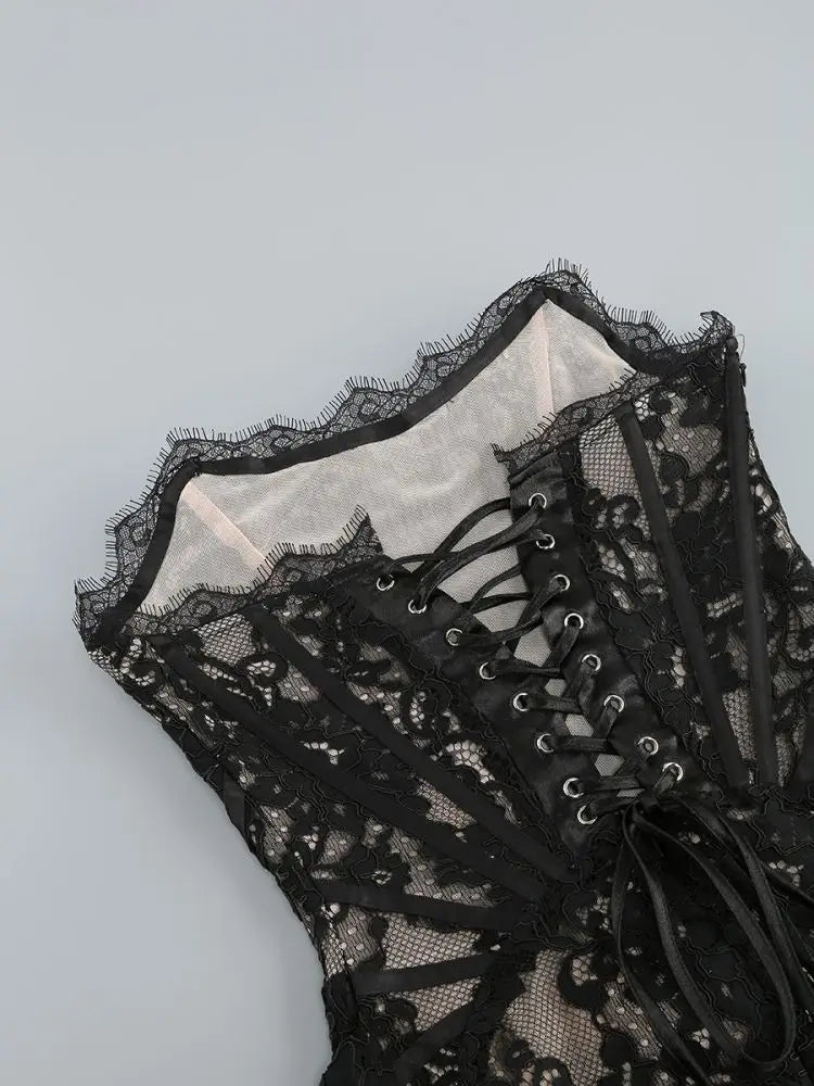 Women’s Sexy Lace See-through Patchwork Corset Dress.